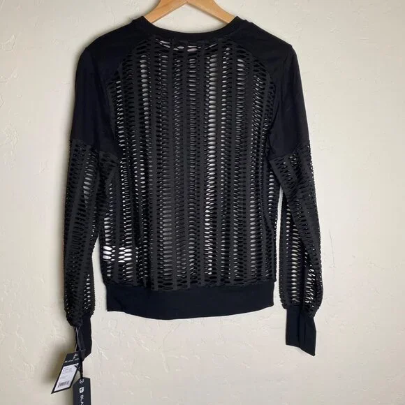 Blanc Noir Sweatshirt Women's Size X-Small Black Linear Mesh Moto Goth Rocker - Picture 2 of 9